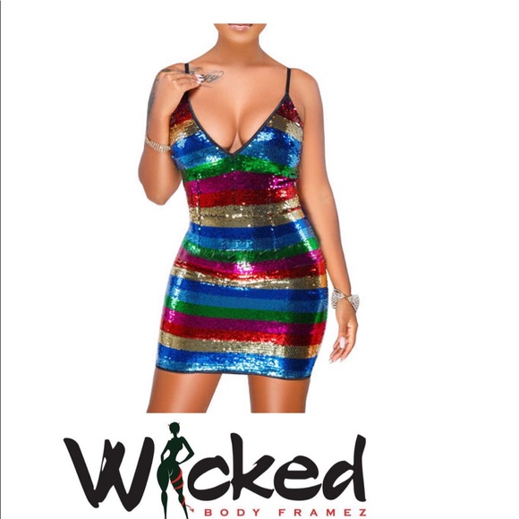 Multi Color Sequined Strappy Mini Dress - Picture 1 of 8